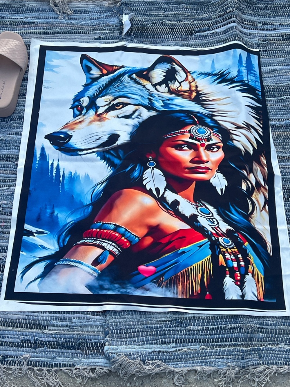 Native Woman and Wolf Art Print - Blue and Red
